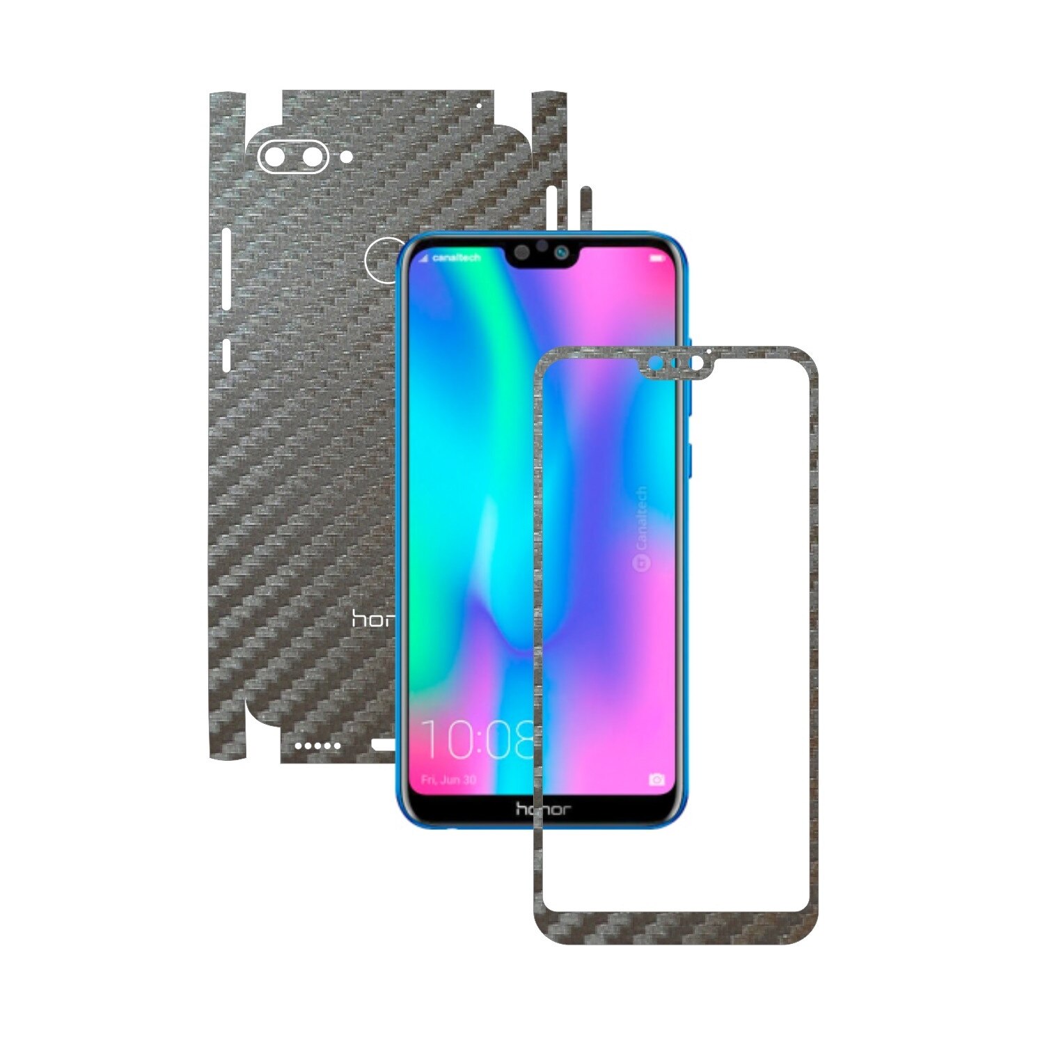 Folie Protectie Carbon Skinz pentru Huawei Honor 9N (9i) 2018 - Carbon Gri Argintiu 360 Cut, Skin Adeziv Full Body Cover pentru Rama Ecran, Carcasa Spate si Laterale