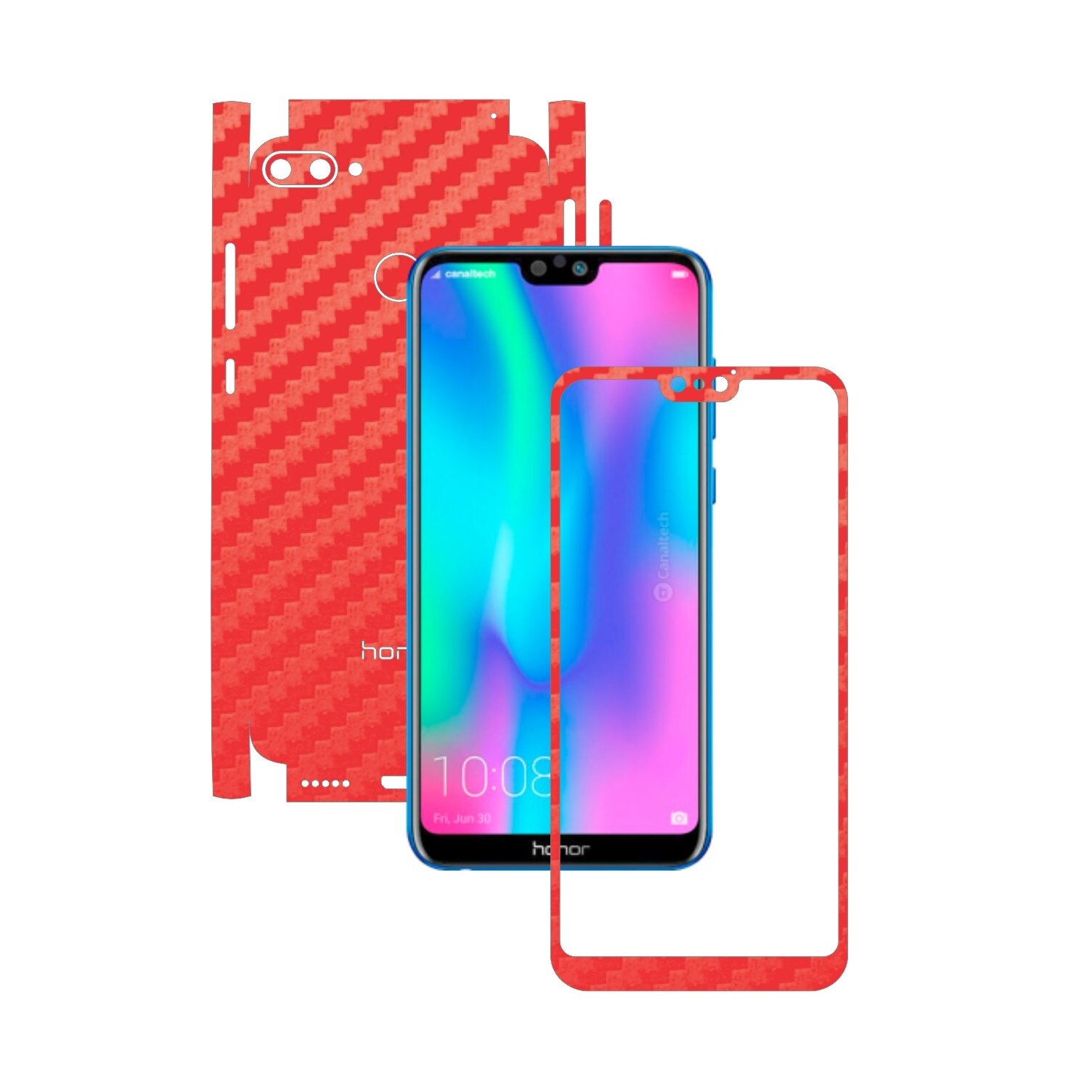 Folie Protectie Carbon Skinz pentru Huawei Honor 9N (9i) 2018 - Carbon Rosu 360 Cut, Skin Adeziv Full Body Cover pentru Rama Ecran, Carcasa Spate si Laterale