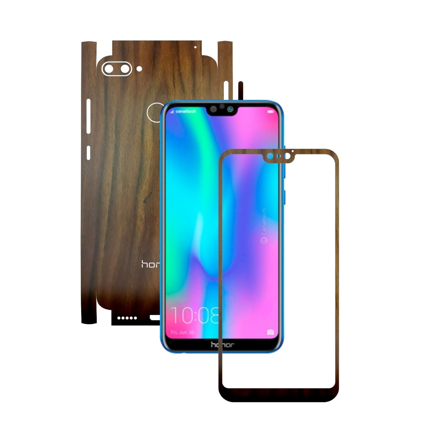 Folie Protectie Carbon Skinz pentru Huawei Honor 9N (9i) 2018 - Lemn Nuc 360 Cut, Skin Adeziv Full Body Cover pentru Rama Ecran, Carcasa Spate si Laterale