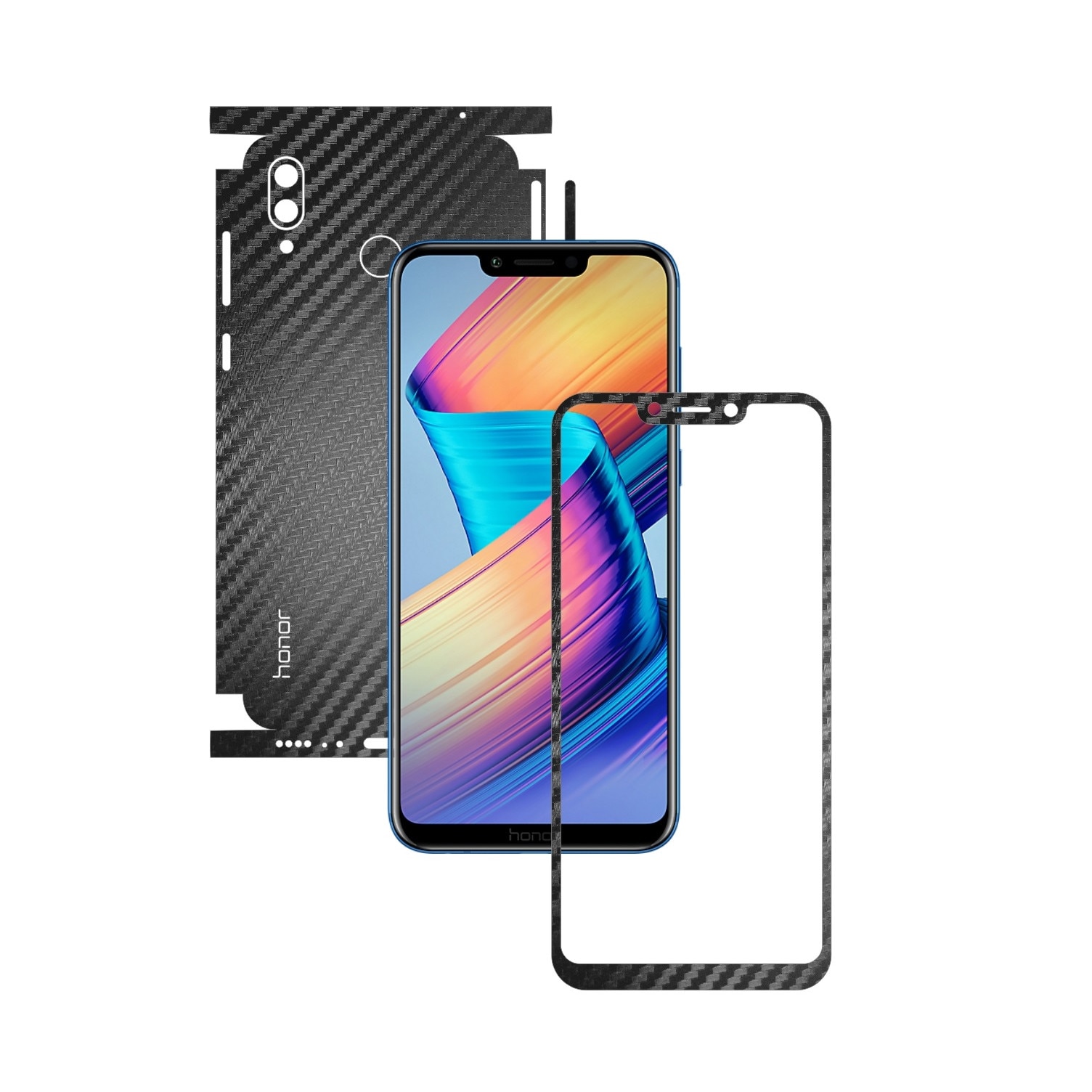 Folie Protectie Carbon Skinz pentru Huawei Honor Play - Carbon Negru 360 Cut, Skin Adeziv Full Body Cover pentru Rama Ecran, Carcasa Spate si Laterale