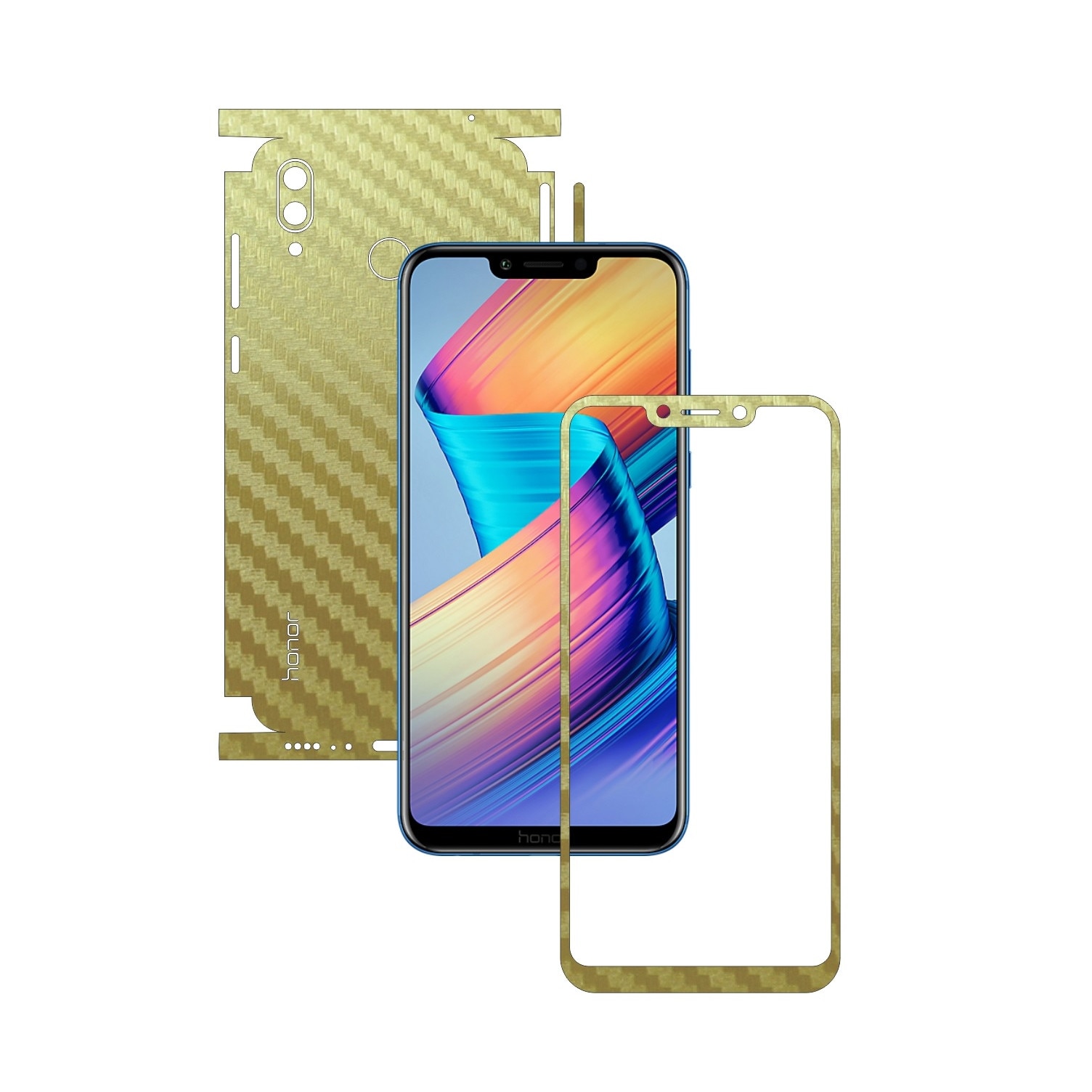 Folie Protectie Carbon Skinz pentru Huawei Honor Play - Carbon Auriu 360 Cut, Skin Adeziv Full Body Cover pentru Rama Ecran, Carcasa Spate si Laterale