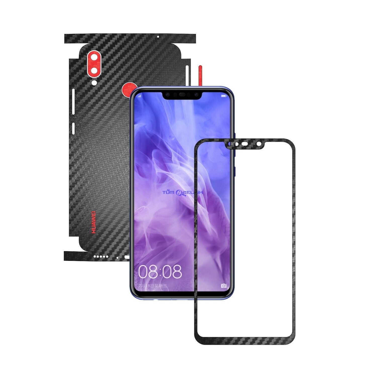Folie Protectie Carbon Skinz pentru Huawei P Smart+ Plus (Nova 3i) - Carbon Two Tone Negru / Rosu, Skin Adeziv Full Body Cover pentru Rama Ecran, Carcasa Spate si Laterale
