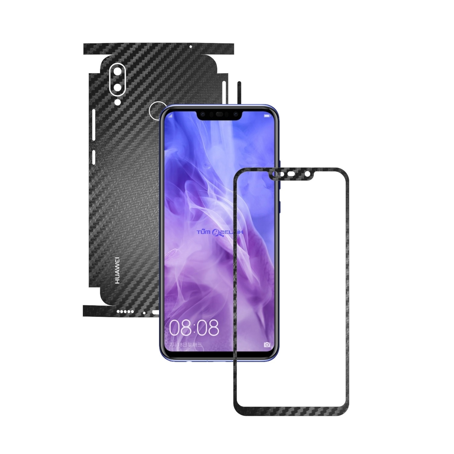 Folie Protectie Carbon Skinz pentru Huawei P Smart+ Plus (Nova 3i) - Carbon Negru 360 Cut, Skin Adeziv Full Body Cover pentru Rama Ecran, Carcasa Spate si Laterale