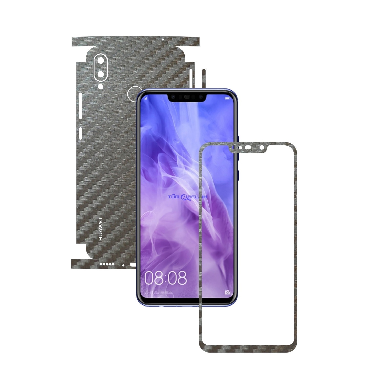 Folie Protectie Carbon Skinz pentru Huawei P Smart+ Plus (Nova 3i) - Carbon Gri Argintiu 360 Cut, Skin Adeziv Full Body Cover pentru Rama Ecran, Carcasa Spate si Laterale