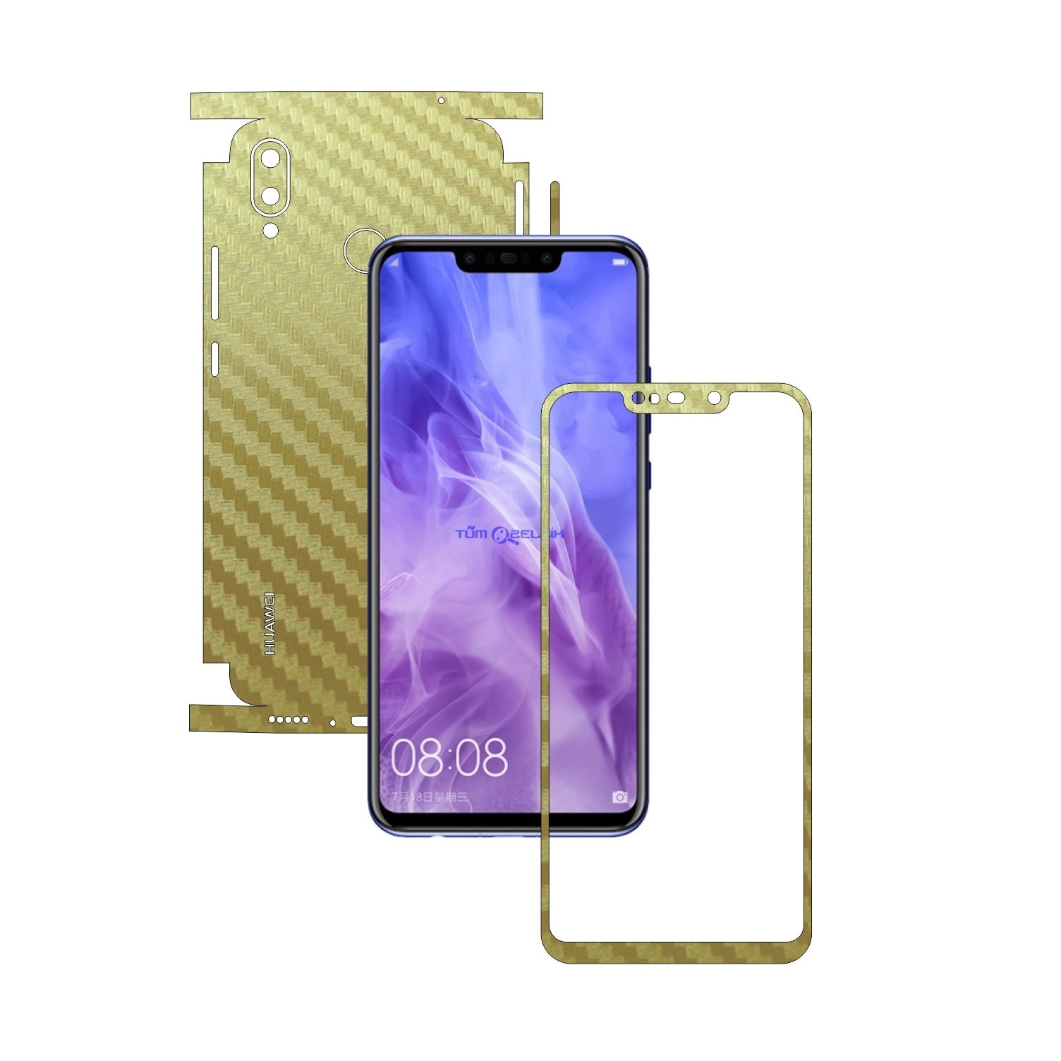 Folie Protectie Carbon Skinz pentru Huawei P Smart+ Plus (Nova 3i) - Carbon Auriu 360 Cut, Skin Adeziv Full Body Cover pentru Rama Ecran, Carcasa Spate si Laterale