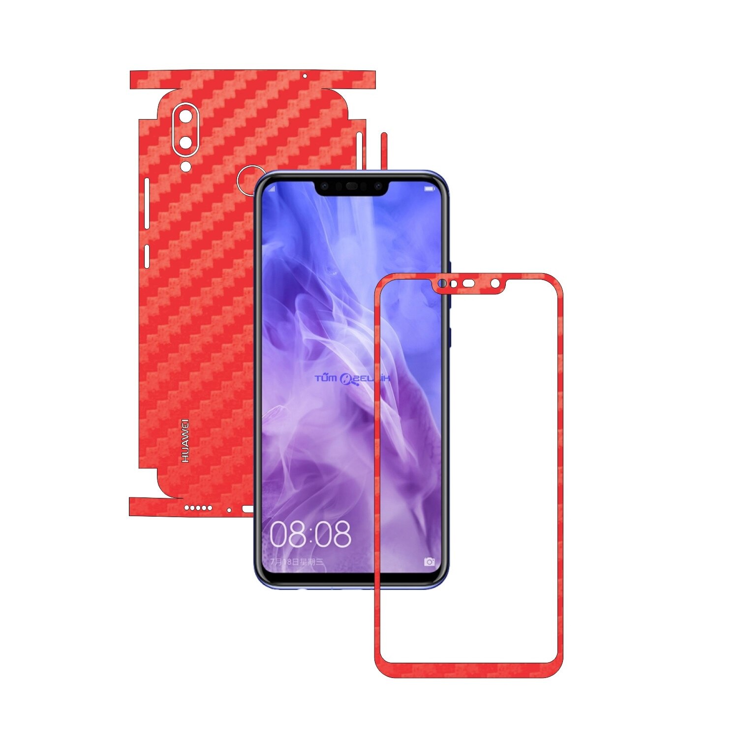 Folie Protectie Carbon Skinz pentru Huawei P Smart+ Plus (Nova 3i) - Carbon Rosu 360 Cut, Skin Adeziv Full Body Cover pentru Rama Ecran, Carcasa Spate si Laterale