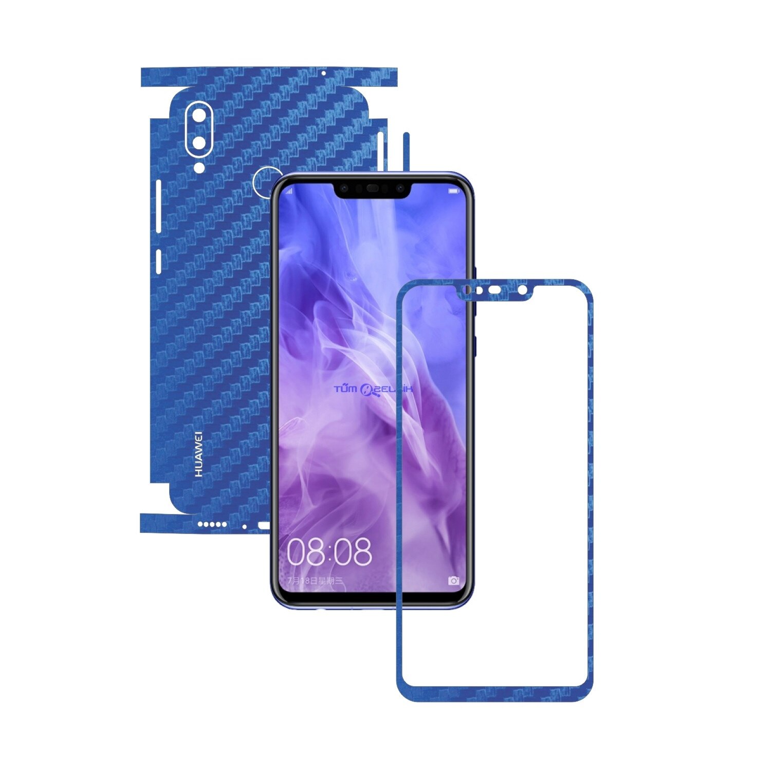 Folie Protectie Carbon Skinz pentru Huawei P Smart+ Plus (Nova 3i) - Carbon Albastru 360 Cut, Skin Adeziv Full Body Cover pentru Rama Ecran, Carcasa Spate si Laterale