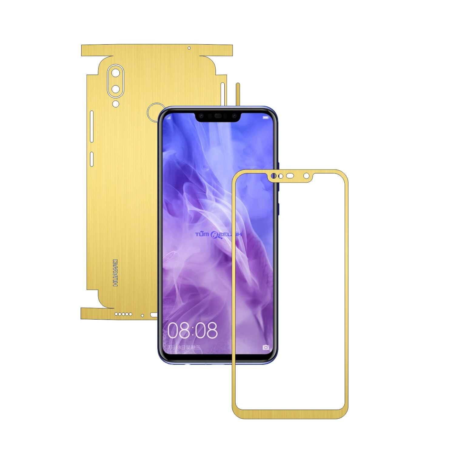 Folie Protectie Carbon Skinz pentru Huawei P Smart+ Plus (Nova 3i) - Brushed Auriu 360 Cut, Skin Adeziv Full Body Cover pentru Rama Ecran, Carcasa Spate si Laterale