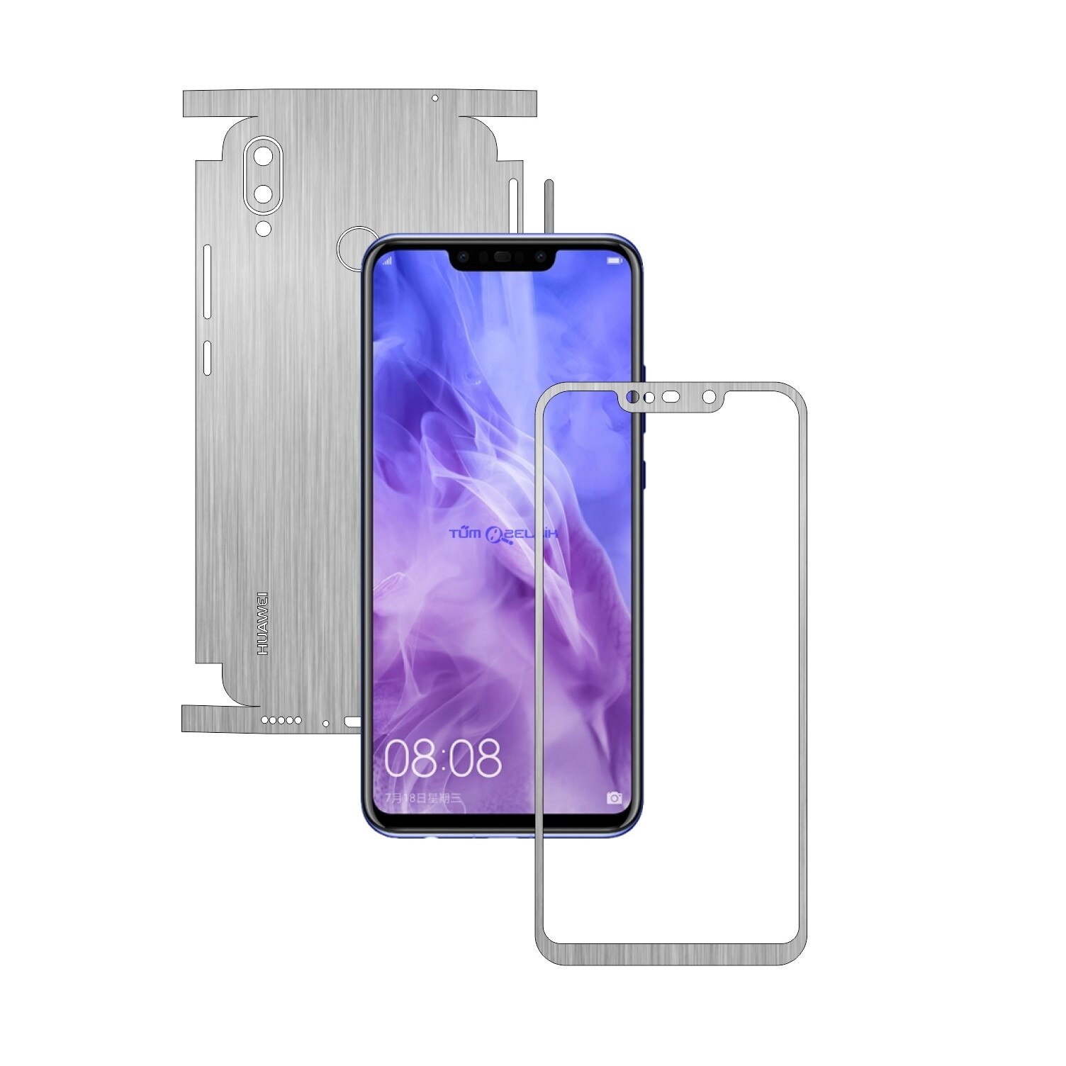 Folie Protectie Carbon Skinz pentru Huawei P Smart+ Plus (Nova 3i) - Brushed Argintiu 360 Cut, Skin Adeziv Full Body Cover pentru Rama Ecran, Carcasa Spate si Laterale