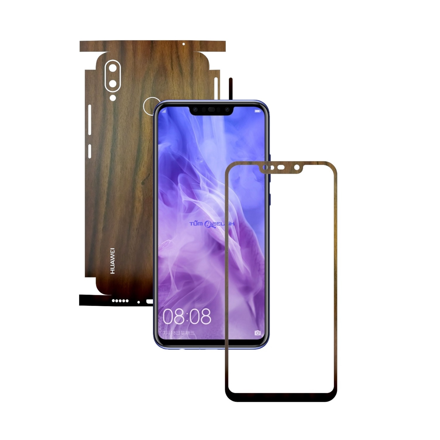 Folie Protectie Carbon Skinz pentru Huawei P Smart+ Plus (Nova 3i) - Lemn Nuc 360 Cut, Skin Adeziv Full Body Cover pentru Rama Ecran, Carcasa Spate si Laterale