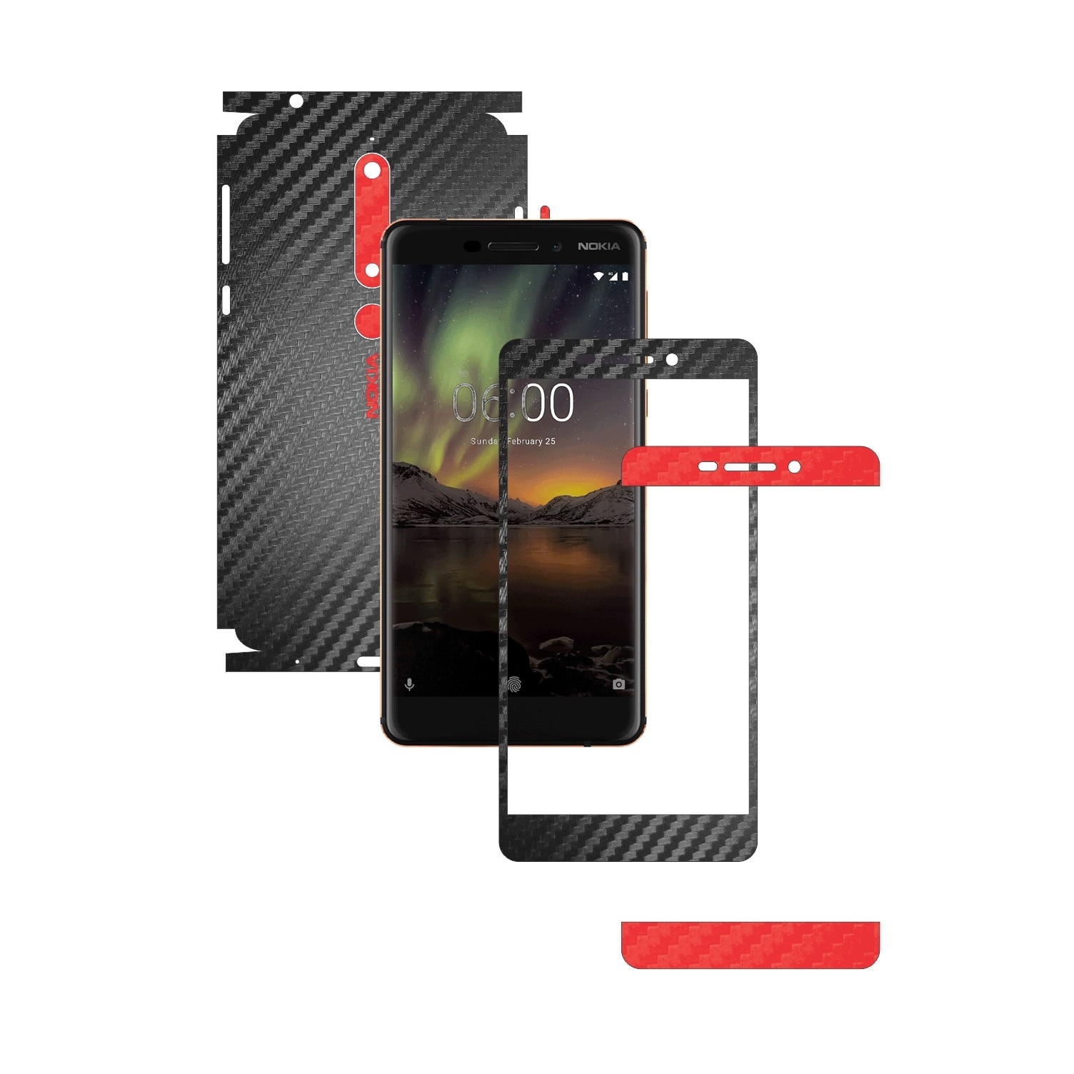 Folie Protectie Carbon Skinz pentru Nokia 6.1 - Carbon Two Tone Negru / Rosu, Skin Adeziv Full Body Cover pentru Rama Ecran, Carcasa Spate si Laterale