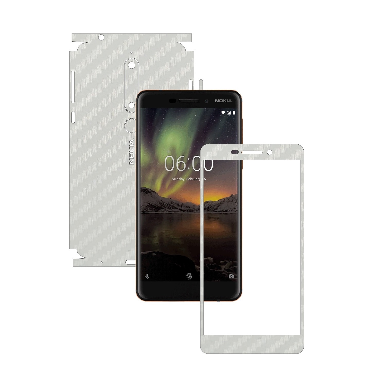 Folie Protectie Carbon Skinz pentru Nokia 6.1 - Carbon Alb 360 Cut, Skin Adeziv Full Body Cover pentru Rama Ecran, Carcasa Spate si Laterale