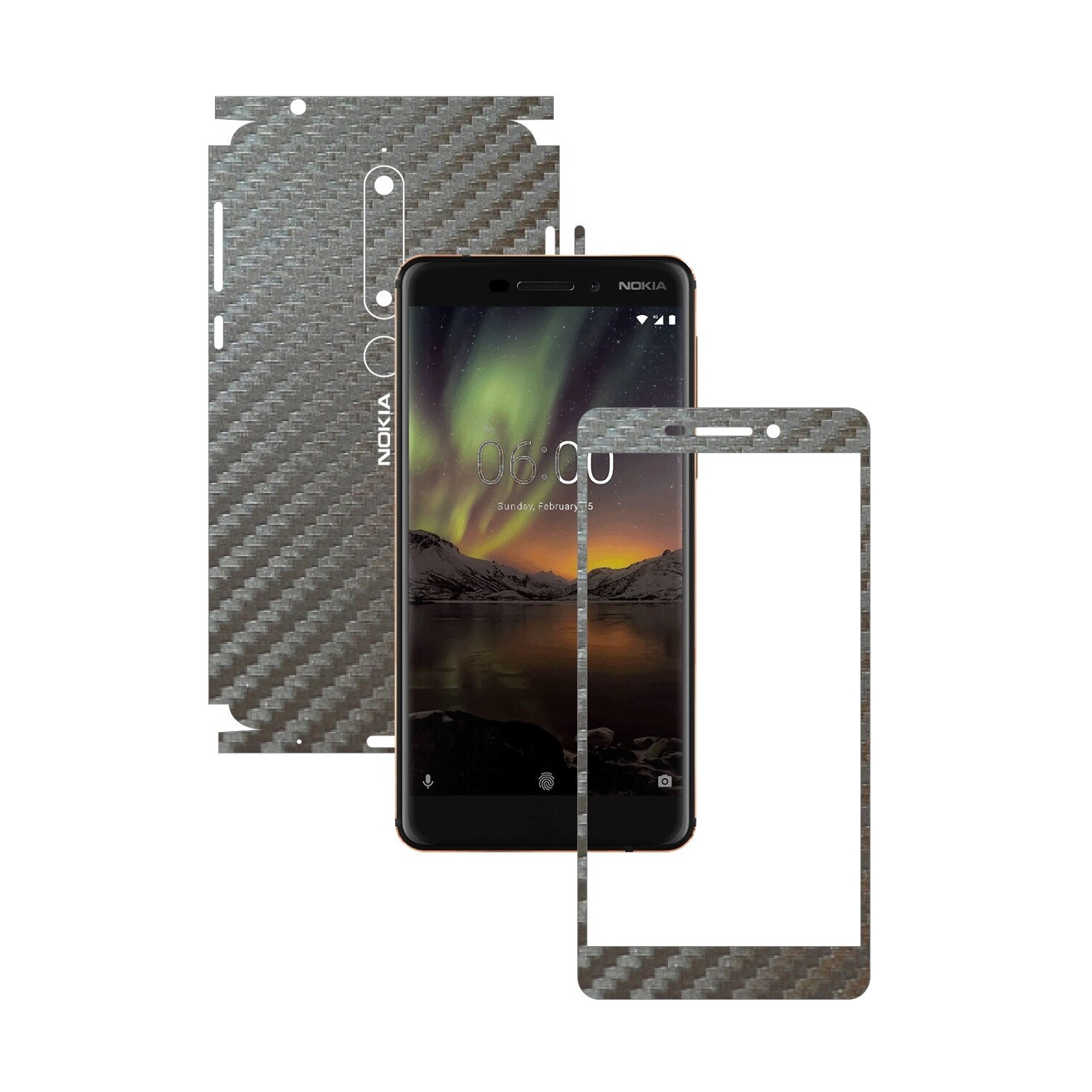 Folie Protectie Carbon Skinz pentru Nokia 6.1 - Carbon Gri Argintiu 360 Cut, Skin Adeziv Full Body Cover pentru Rama Ecran, Carcasa Spate si Laterale