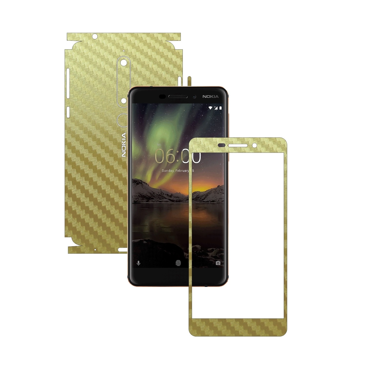 Folie Protectie Carbon Skinz pentru Nokia 6.1 - Carbon Auriu 360 Cut, Skin Adeziv Full Body Cover pentru Rama Ecran, Carcasa Spate si Laterale