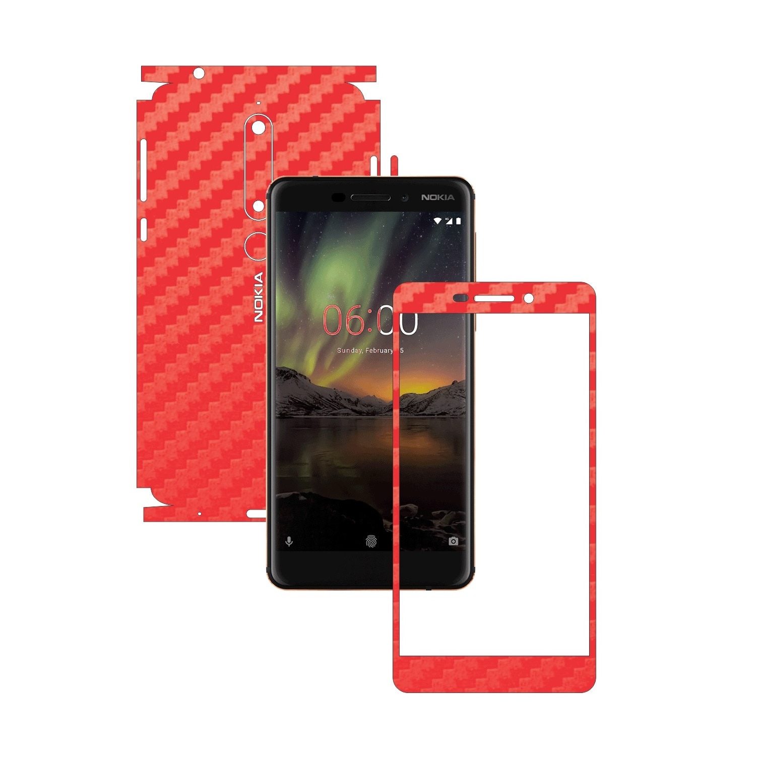 Folie Protectie Carbon Skinz pentru Nokia 6.1 - Carbon Rosu 360 Cut, Skin Adeziv Full Body Cover pentru Rama Ecran, Carcasa Spate si Laterale