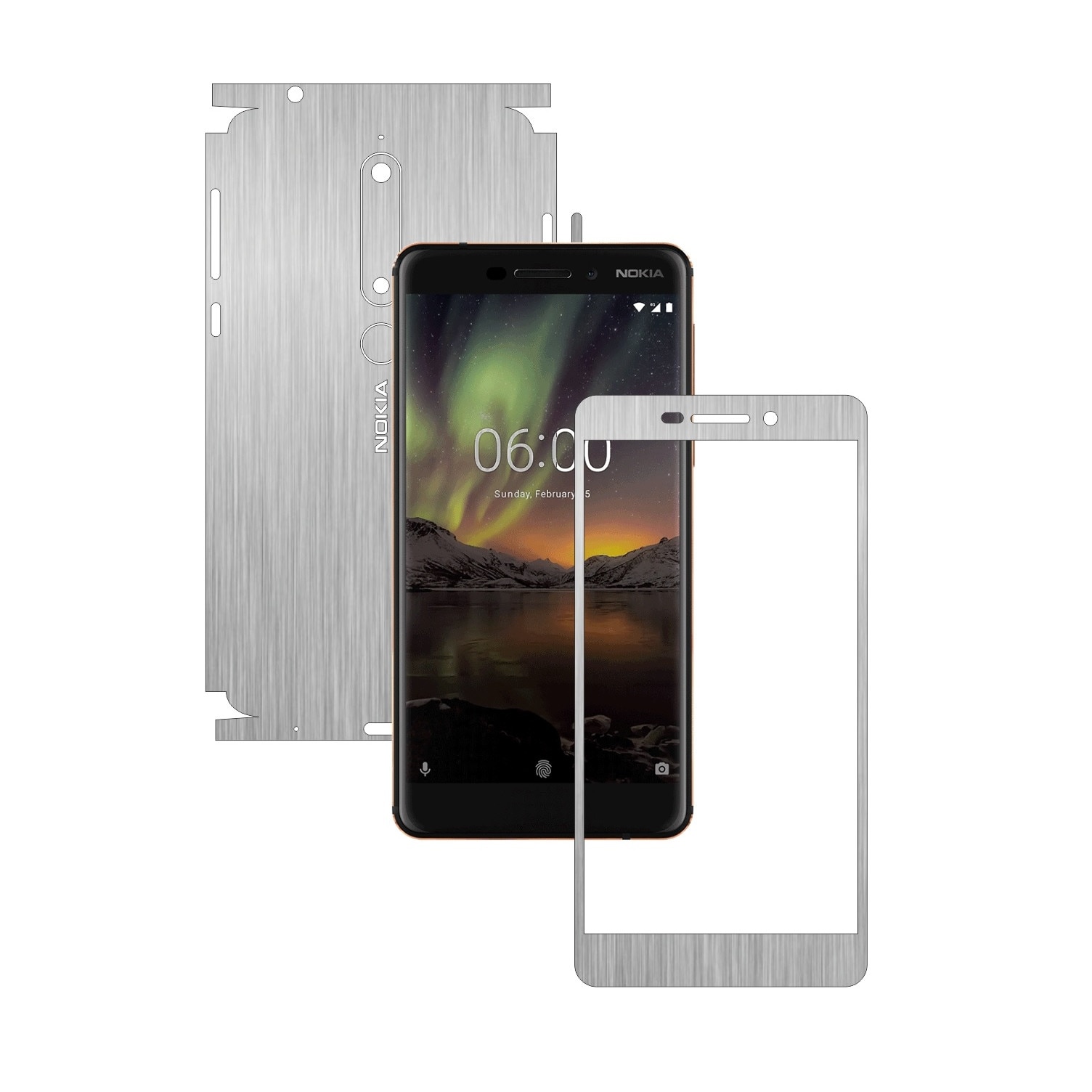 Folie Protectie Carbon Skinz pentru Nokia 6.1 - Brushed Argintiu 360 Cut, Skin Adeziv Full Body Cover pentru Rama Ecran, Carcasa Spate si Laterale