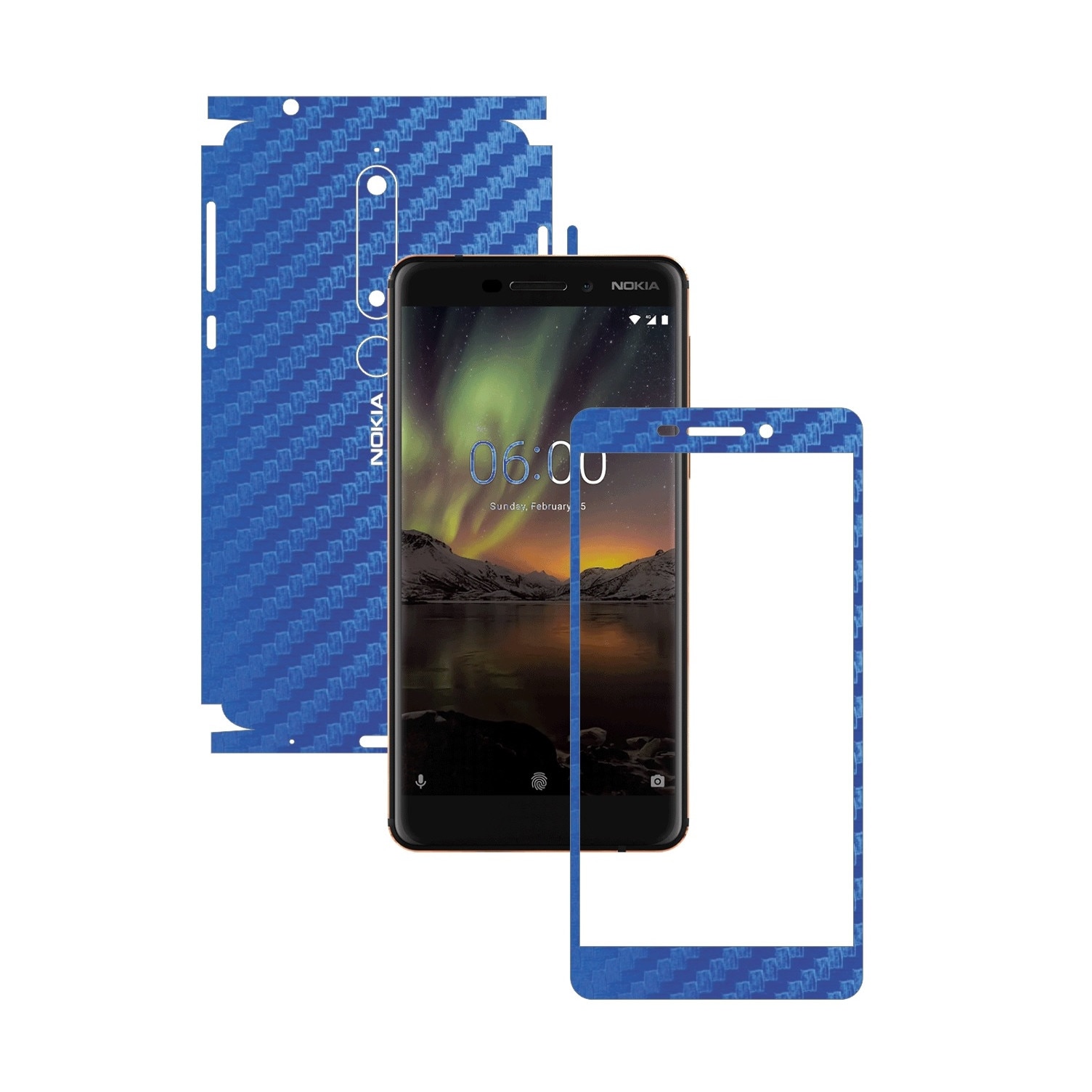 Folie Protectie Carbon Skinz pentru Nokia 6.1 - Carbon Albastru 360 Cut, Skin Adeziv Full Body Cover pentru Rama Ecran, Carcasa Spate si Laterale