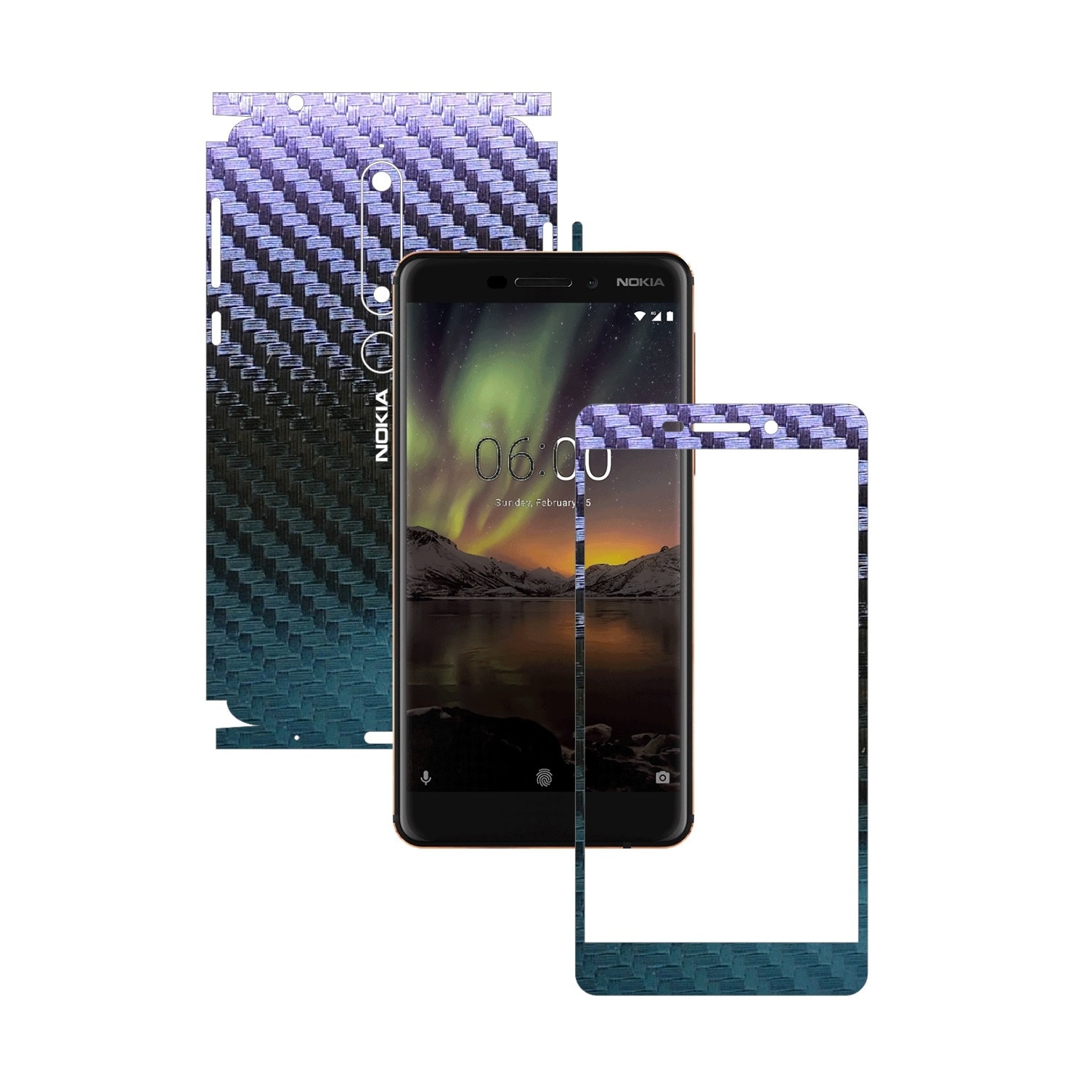 Folie Protectie Carbon Skinz pentru Nokia 6.1 - Carbon Cameleon 360 Cut, Skin Adeziv Full Body Cover pentru Rama Ecran, Carcasa Spate si Laterale