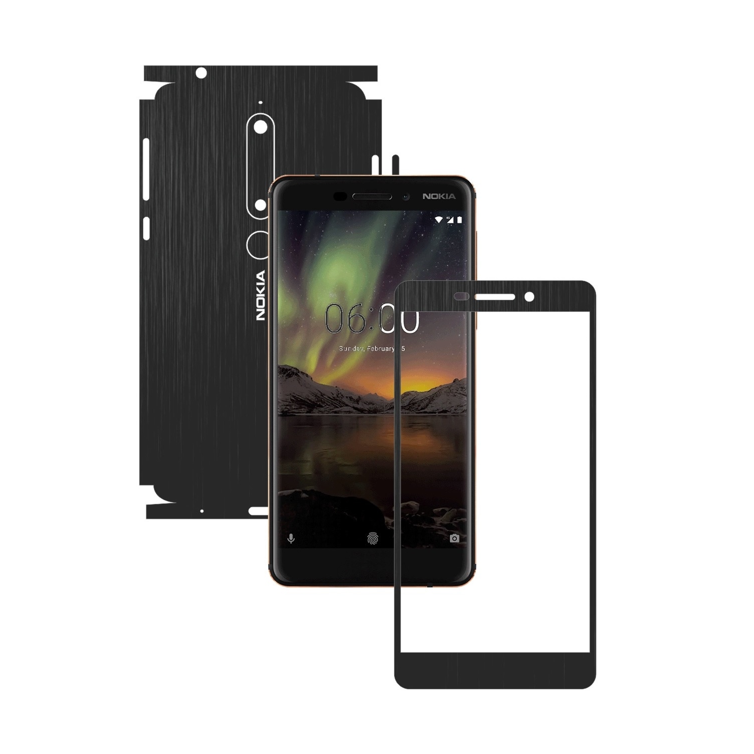 Folie Protectie Carbon Skinz pentru Nokia 6.1 - Brushed Negru 360 Cut, Skin Adeziv Full Body Cover pentru Rama Ecran, Carcasa Spate si Laterale