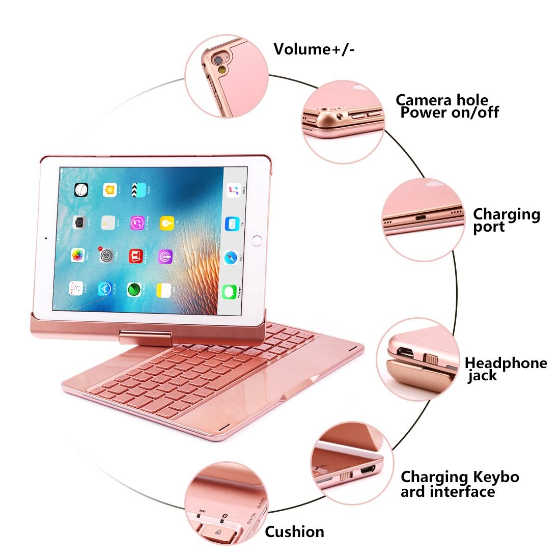 Husa Tableta Tastatura Apple Ipad 1St Generation 9.7" Air 1 Smartbook Keypad ofera protectie Luxury Rotire 360 Rose