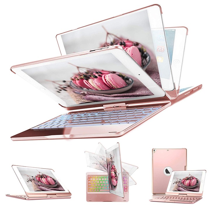 Husa Tableta Tastatura Apple Ipad 2nd Generation 9.7" Air 2 Smartbook Keypad ofera protectie Luxury Rotire 360 Rose