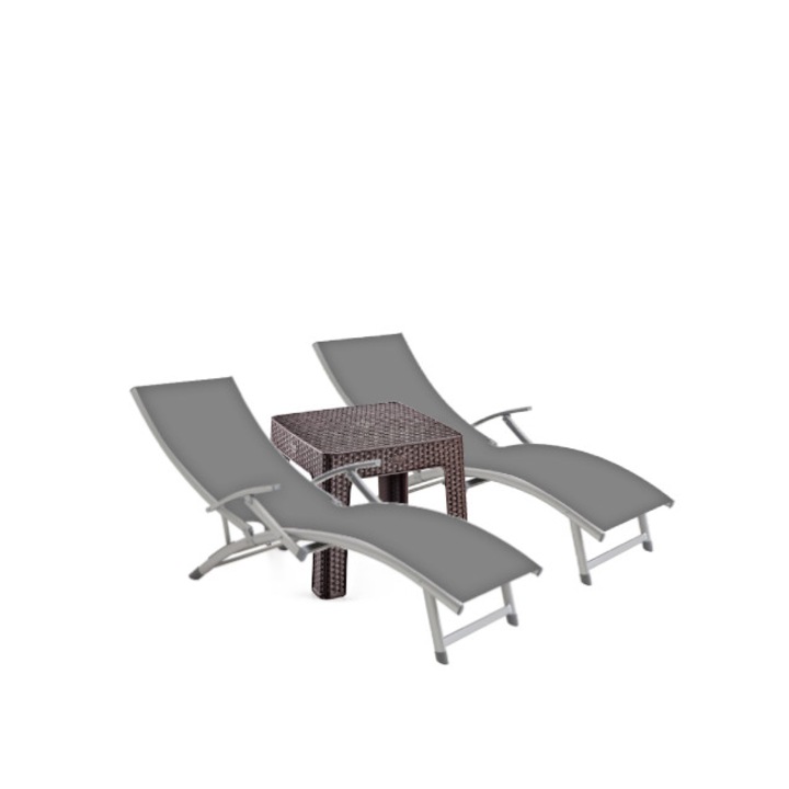 Set 2 sezlonguri cu brate CULINARO cadru aluminiu 170x52cm culoare gri+masa