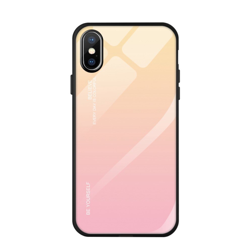Husa iPhone X / XS - Sticla Spate si Margini Silicon, Degrade, Auriu/Roz