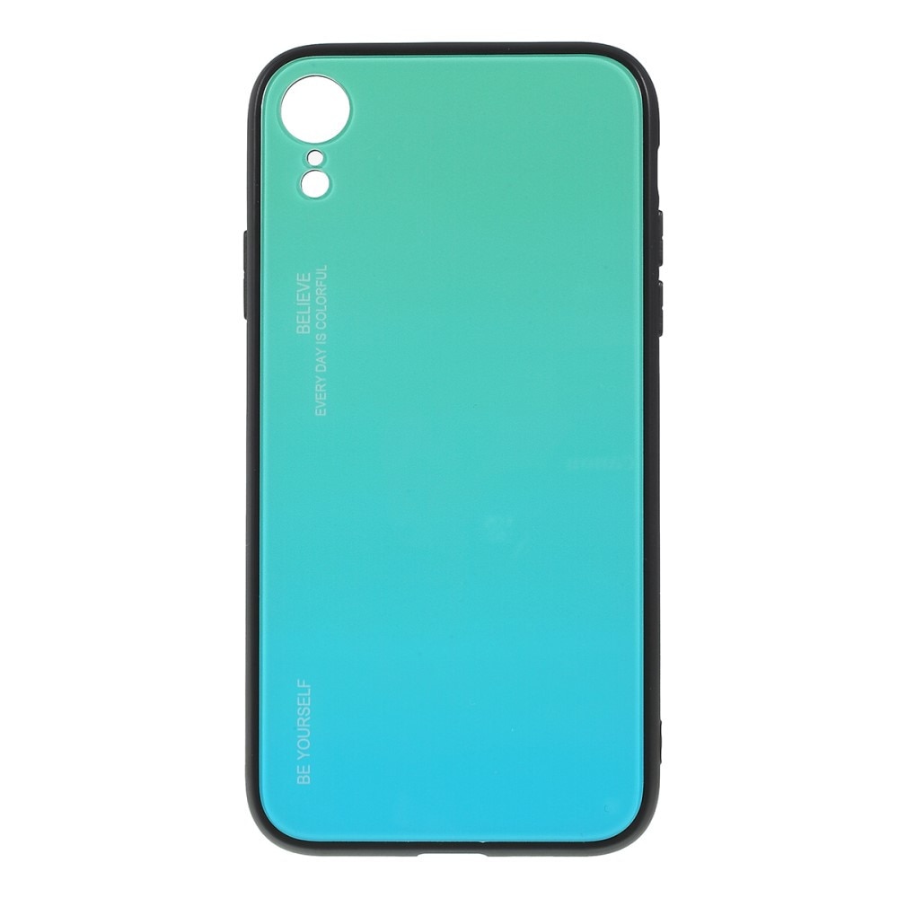 Husa iPhone XR - Sticla Spate si Margini Silicon, Degrade, Verde/Bleu