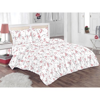 Set lenjerie de pat (cearsaf + husa pilota + 2 huse perne) pentru pat de dimensiuni 160x200 cm, 132TC, 100% bumbac, alb/rosu Set lenjerie de pat (cearsaf + husa pilota + 2 huse perne) pentru pat de dimensiuni 160x200 cm, 132TC, 100% bumbac, alb/rosu