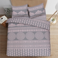 Lenjerie de pat Kring, pentru 2 persoane, 4 piese, bumbac 100%, 132TC, imprimeu floral, Gri/Roz