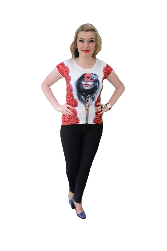 Tricou casual, imprimeu trendy, lungime asimetrica, D&J Exclussive, Alb