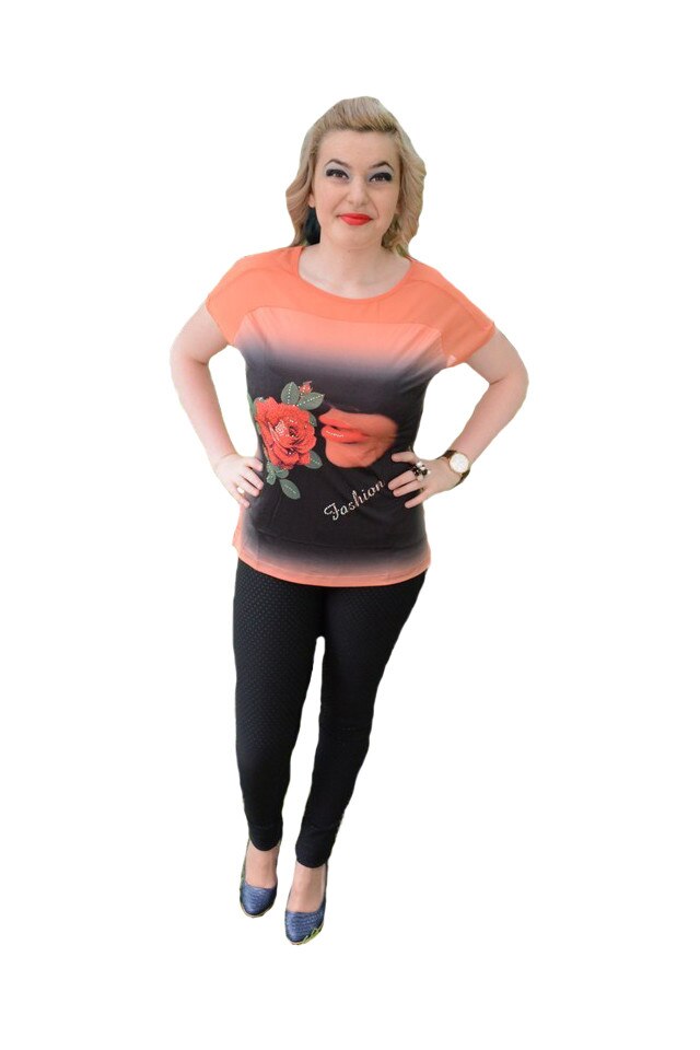 Tricou modern, cu tul in partea de sus si imprimeu, D&J Exclussive, Portocaliu