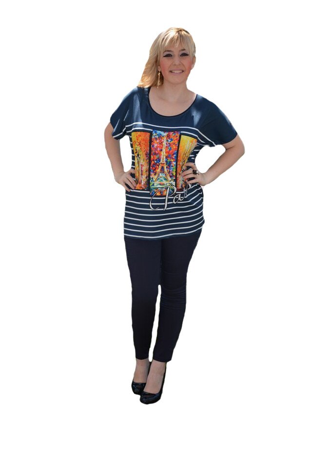 Tricou rafinat cu design multicolor, D&J Exclussive, Albastru marin