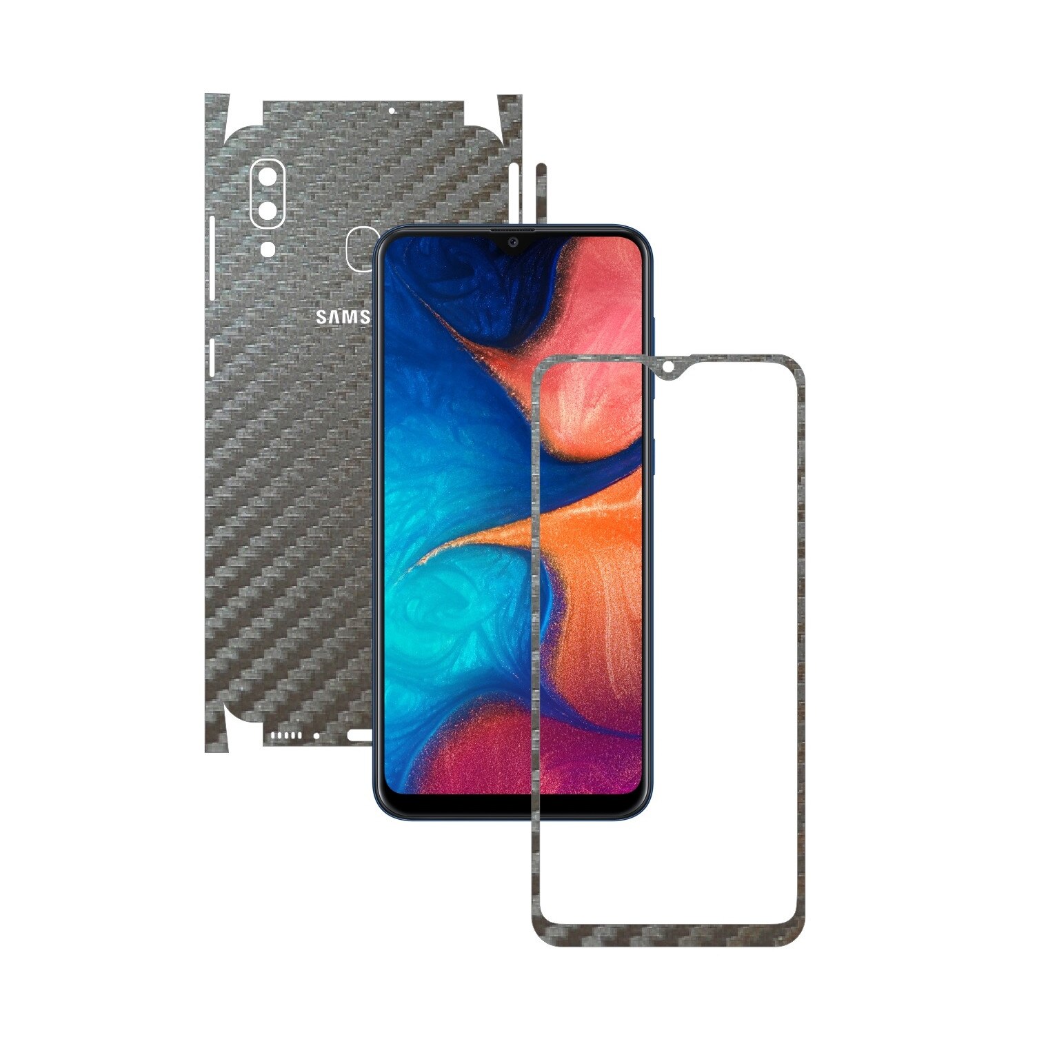 Folie Protectie Carbon Skinz pentru Samsung Galaxy A20 2019 - Carbon Gri Argintiu 360 Cut, Skin Adeziv Full Body Cover pentru Rama Ecran, Carcasa Spate si Laterale