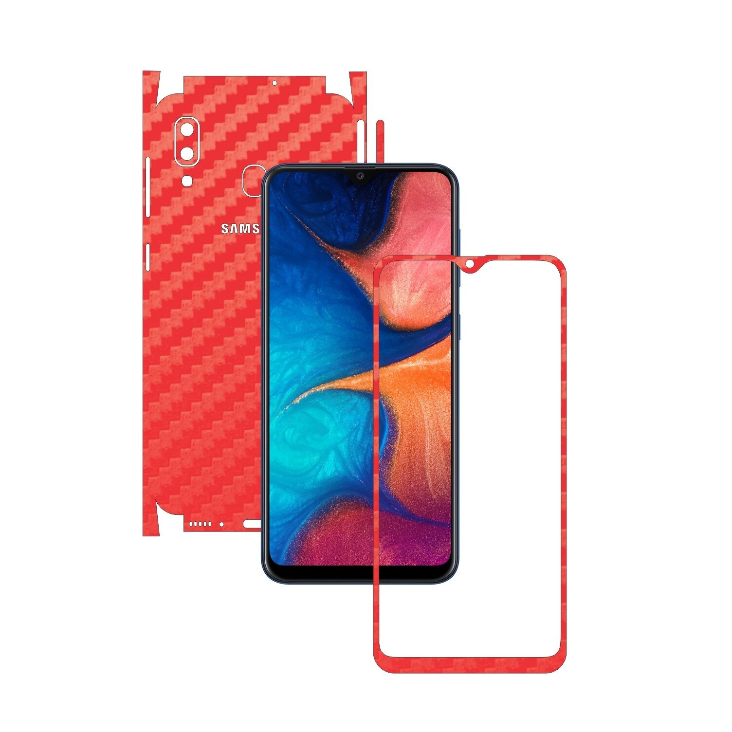 Folie Protectie Carbon Skinz pentru Samsung Galaxy A20 2019 - Carbon Rosu 360 Cut, Skin Adeziv Full Body Cover pentru Rama Ecran, Carcasa Spate si Laterale