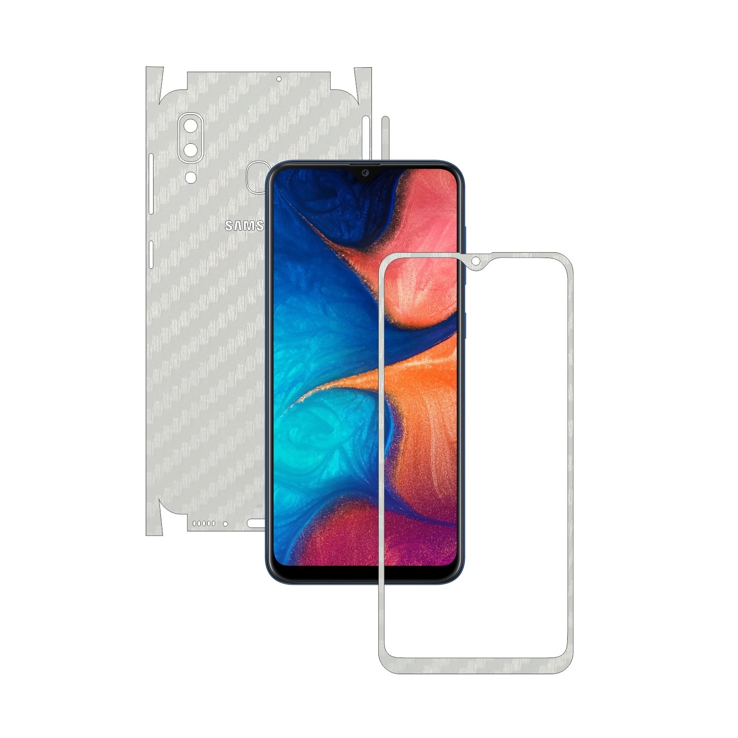 Folie Protectie Carbon Skinz pentru Samsung Galaxy A20 2019 - Carbon Alb 360 Cut, Skin Adeziv Full Body Cover pentru Rama Ecran, Carcasa Spate si Laterale