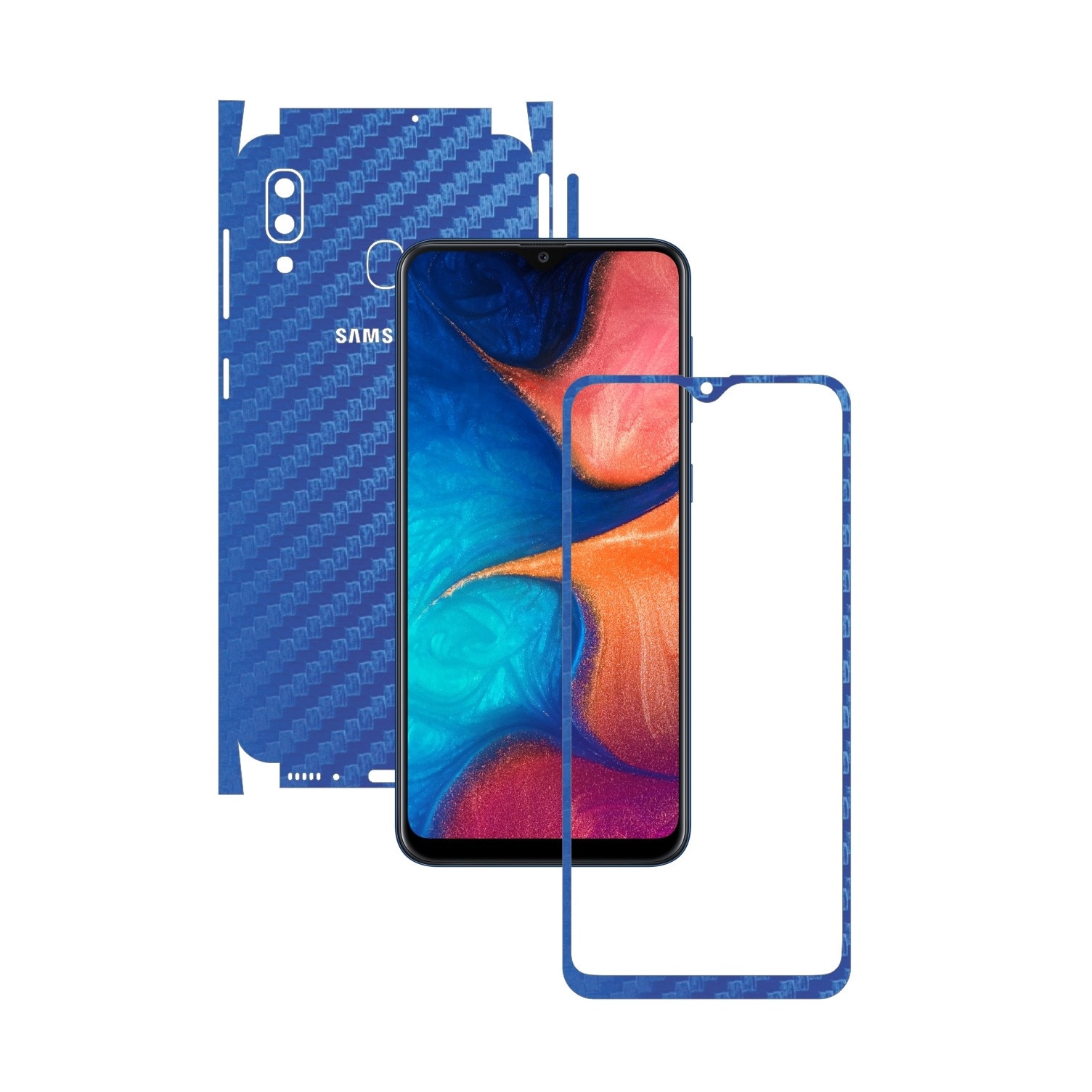 Folie Protectie Carbon Skinz pentru Samsung Galaxy A20 2019 - Carbon Albastru 360 Cut, Skin Adeziv Full Body Cover pentru Rama Ecran, Carcasa Spate si Laterale