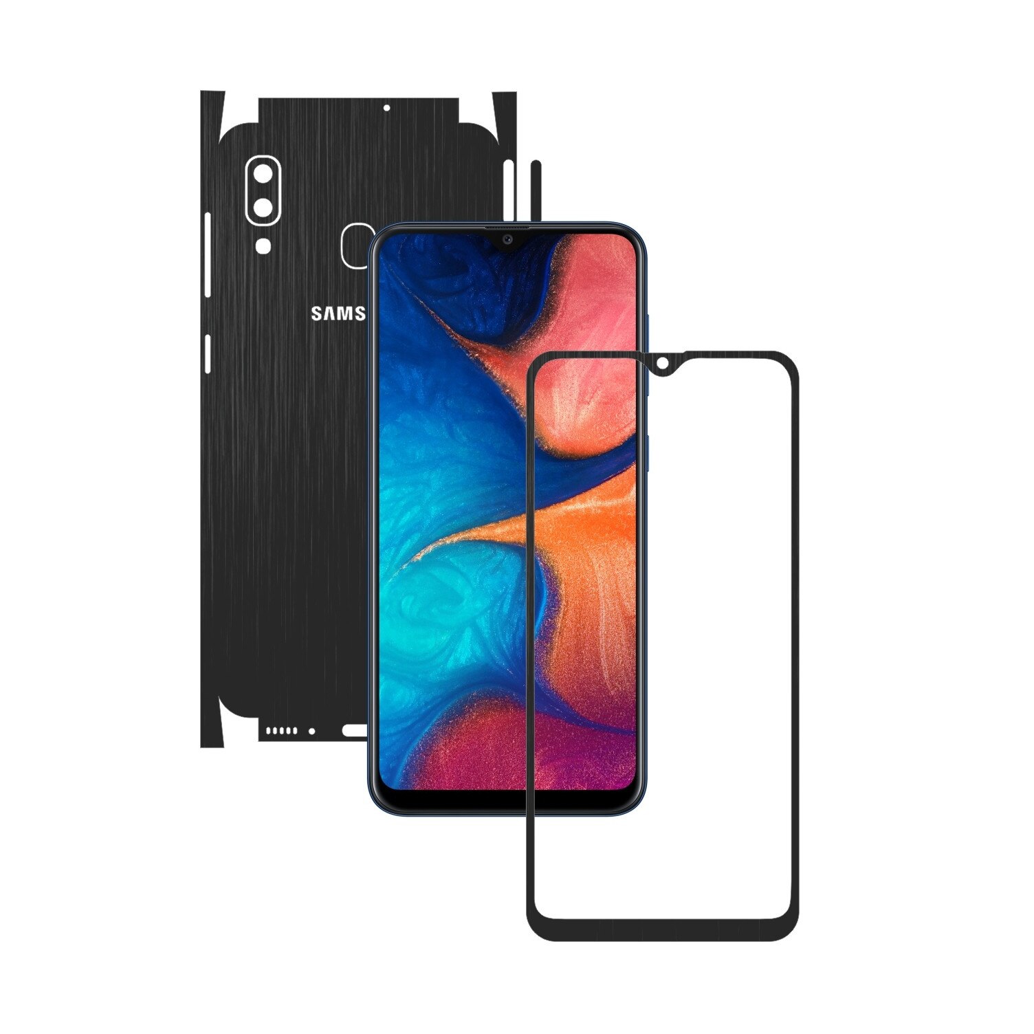 Folie Protectie Carbon Skinz pentru Samsung Galaxy A20 2019 - Brushed Negru 360 Cut, Skin Adeziv Full Body Cover pentru Rama Ecran, Carcasa Spate si Laterale