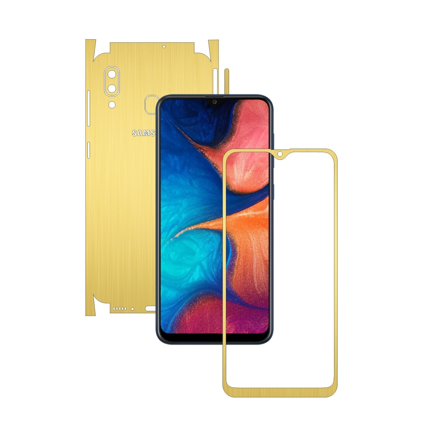 Folie Protectie Carbon Skinz pentru Samsung Galaxy A20 2019 - Brushed Auriu 360 Cut, Skin Adeziv Full Body Cover pentru Rama Ecran, Carcasa Spate si Laterale
