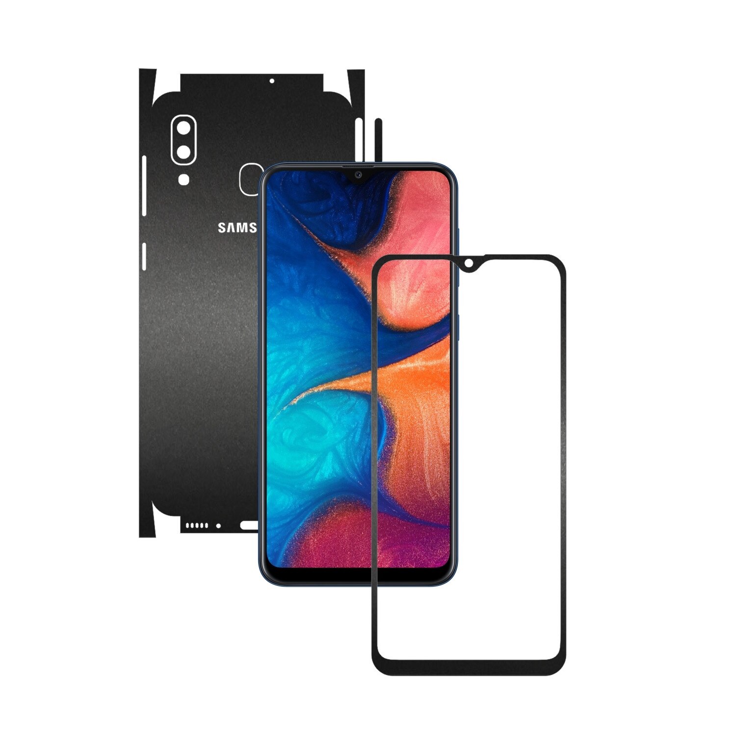 Folie Protectie Carbon Skinz pentru Samsung Galaxy A20 2019 - Negru Mat 360 Cut, Skin Adeziv Full Body Cover pentru Rama Ecran, Carcasa Spate si Laterale
