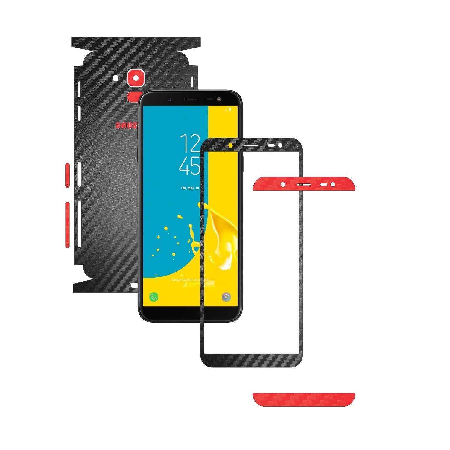 Folie Protectie Carbon Skinz pentru Samsung Galaxy J6 2018 - Carbon Two Tone Negru / Rosu, Skin Adeziv Full Body Cover pentru Rama Ecran, Carcasa Spate si Laterale