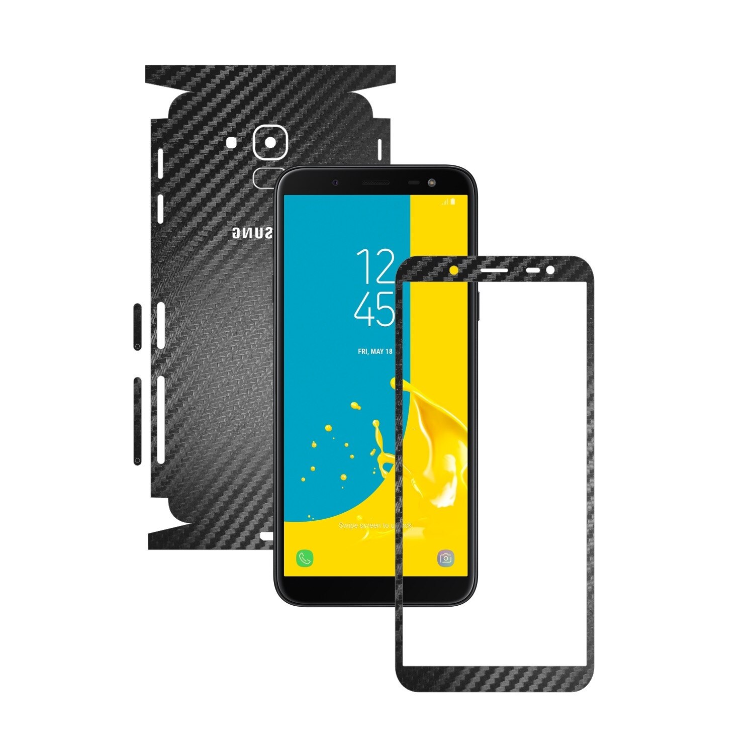 Folie Protectie Carbon Skinz pentru Samsung Galaxy J6 2018 - Carbon Negru 360 Cut, Skin Adeziv Full Body Cover pentru Rama Ecran, Carcasa Spate si Laterale
