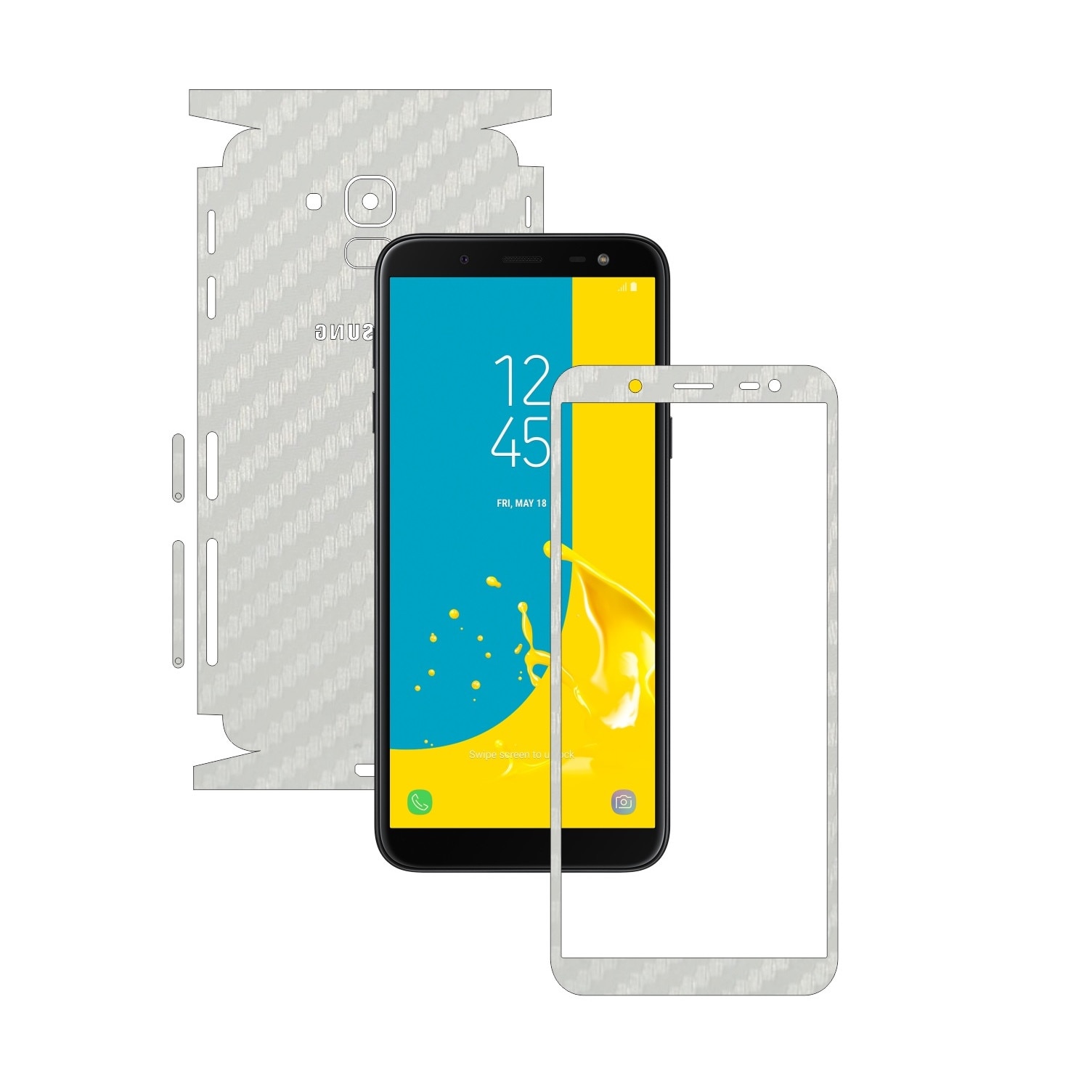 Folie Protectie Carbon Skinz pentru Samsung Galaxy J6 2018 - Carbon Alb 360 Cut, Skin Adeziv Full Body Cover pentru Rama Ecran, Carcasa Spate si Laterale