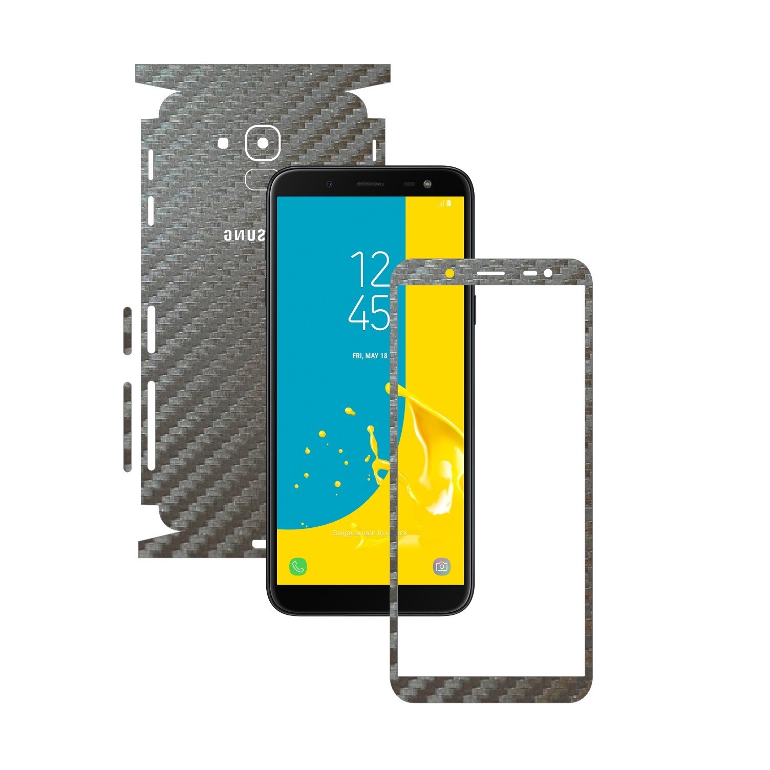 Folie Protectie Carbon Skinz pentru Samsung Galaxy J6 2018 - Carbon Gri Argintiu 360 Cut, Skin Adeziv Full Body Cover pentru Rama Ecran, Carcasa Spate si Laterale