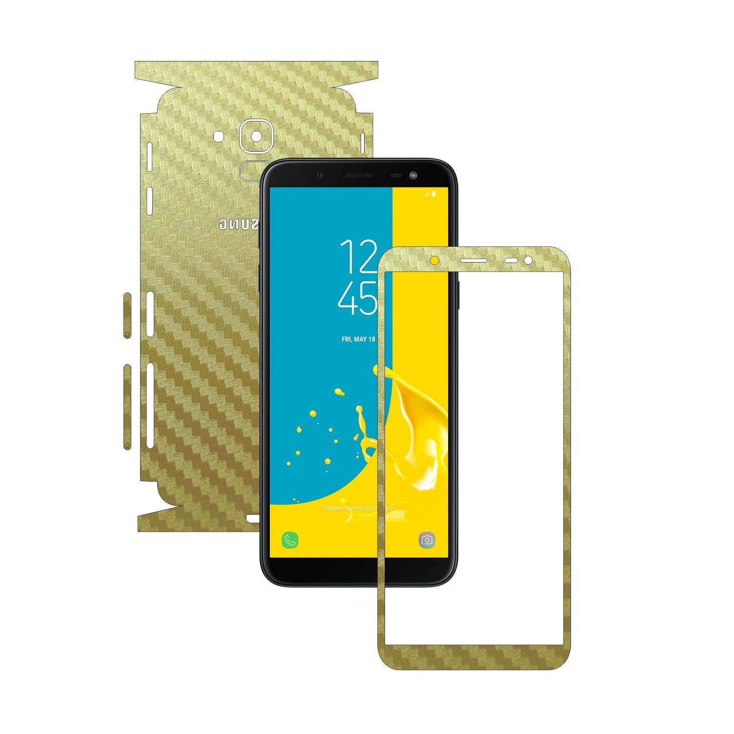 Folie Protectie Carbon Skinz pentru Samsung Galaxy J6 2018 - Carbon Auriu 360 Cut, Skin Adeziv Full Body Cover pentru Rama Ecran, Carcasa Spate si Laterale