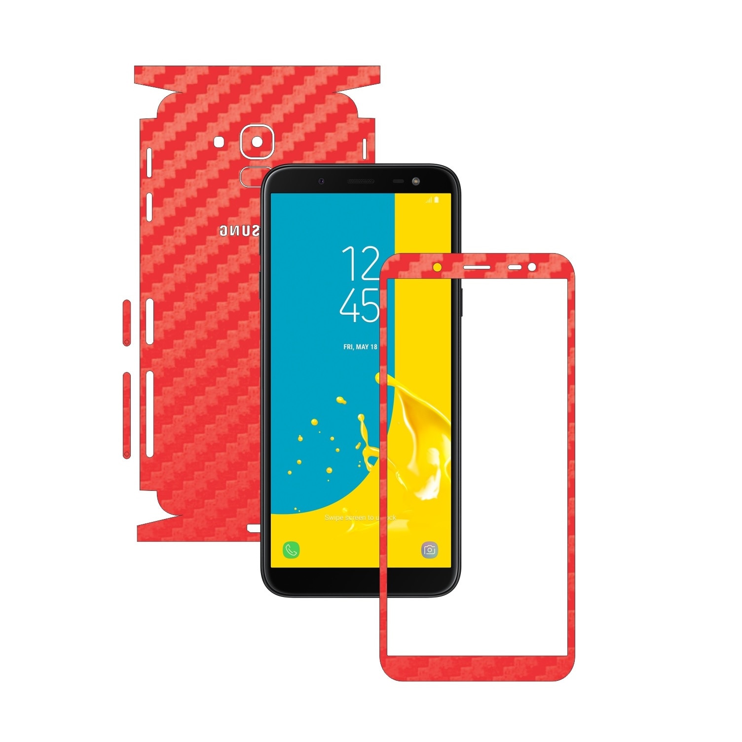 Folie Protectie Carbon Skinz pentru Samsung Galaxy J6 2018 - Carbon Rosu 360 Cut, Skin Adeziv Full Body Cover pentru Rama Ecran, Carcasa Spate si Laterale