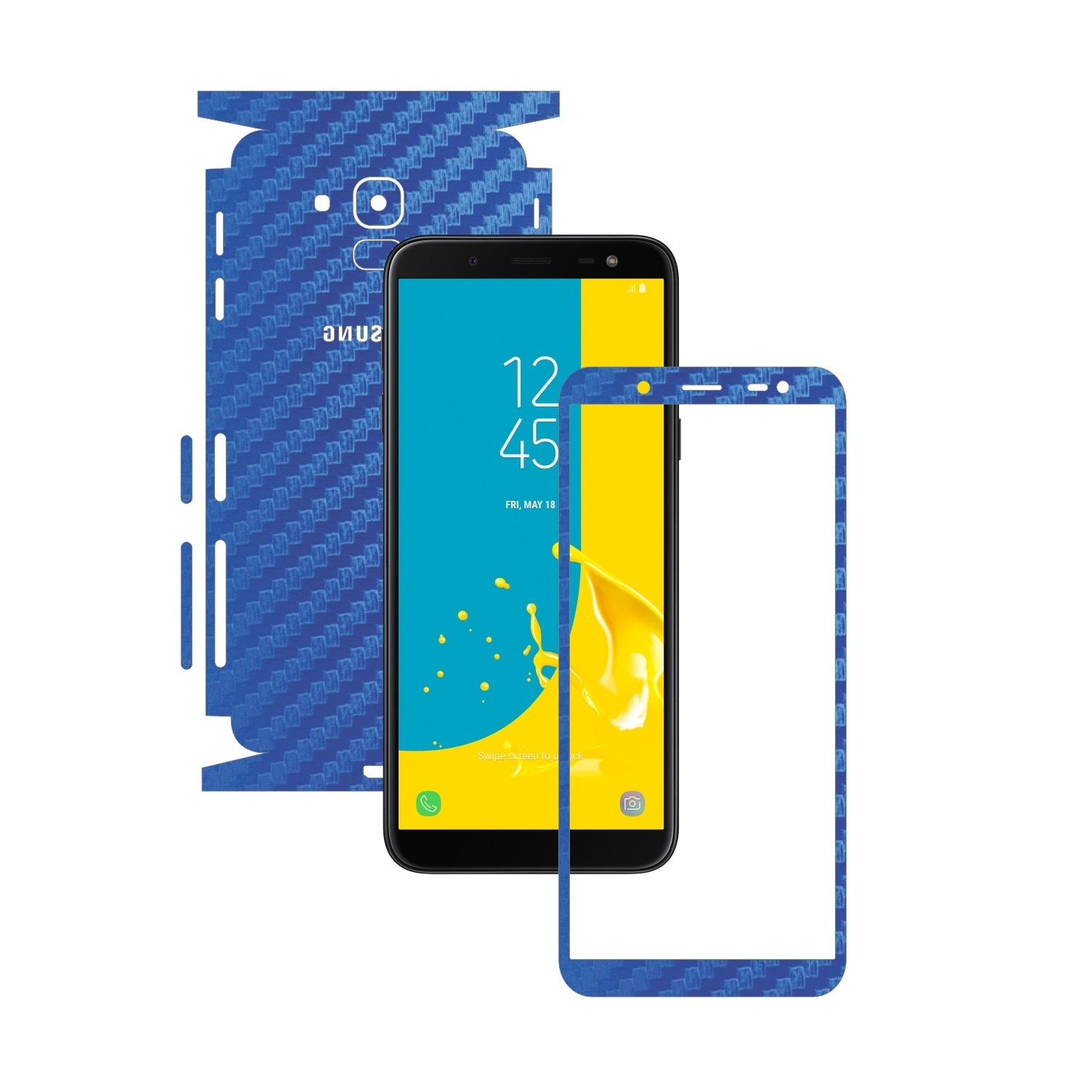 Folie Protectie Carbon Skinz pentru Samsung Galaxy J6 2018 - Carbon Albastru 360 Cut, Skin Adeziv Full Body Cover pentru Rama Ecran, Carcasa Spate si Laterale