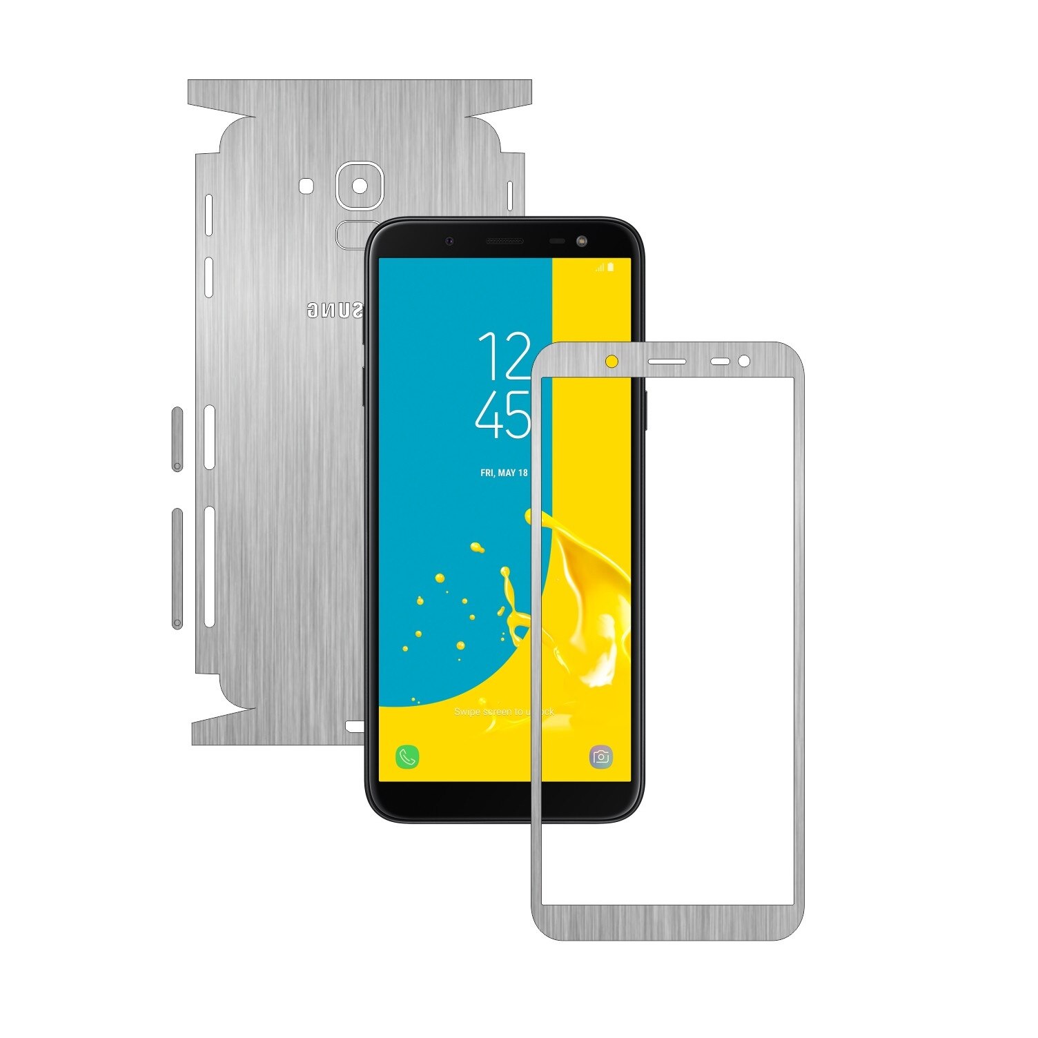 Folie Protectie Carbon Skinz pentru Samsung Galaxy J6 2018 - Brushed Argintiu 360 Cut, Skin Adeziv Full Body Cover pentru Rama Ecran, Carcasa Spate si Laterale