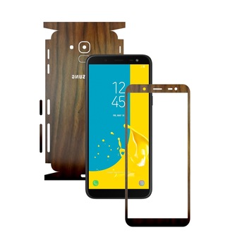 Folie Protectie Carbon Skinz pentru Samsung Galaxy J6 2018 - Lemn Nuc 360 Cut, Skin Adeziv Full Body Cover pentru Rama Ecran, Carcasa Spate si Laterale