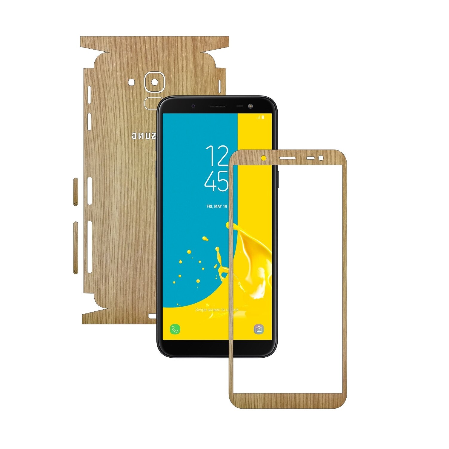 Folie Protectie Carbon Skinz pentru Samsung Galaxy J6 2018 - Lemn Stejar 360 Cut, Skin Adeziv Full Body Cover pentru Rama Ecran, Carcasa Spate si Laterale